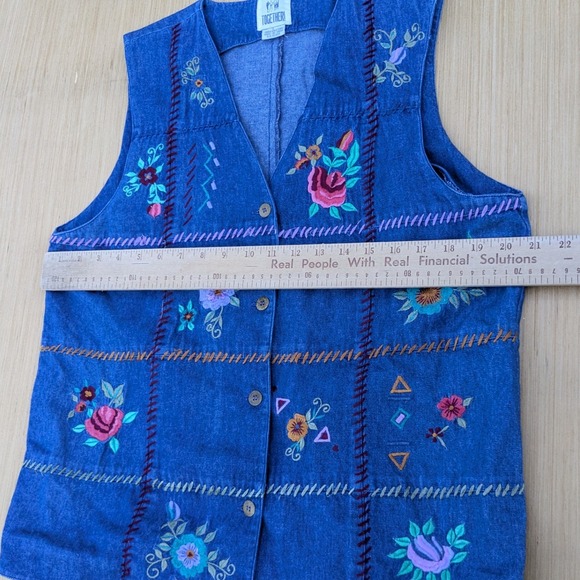 Vintage Together! Vest 90's Denim Cotton Embroidered Floral Cottage Women‎ Large - Picture 4 of 7